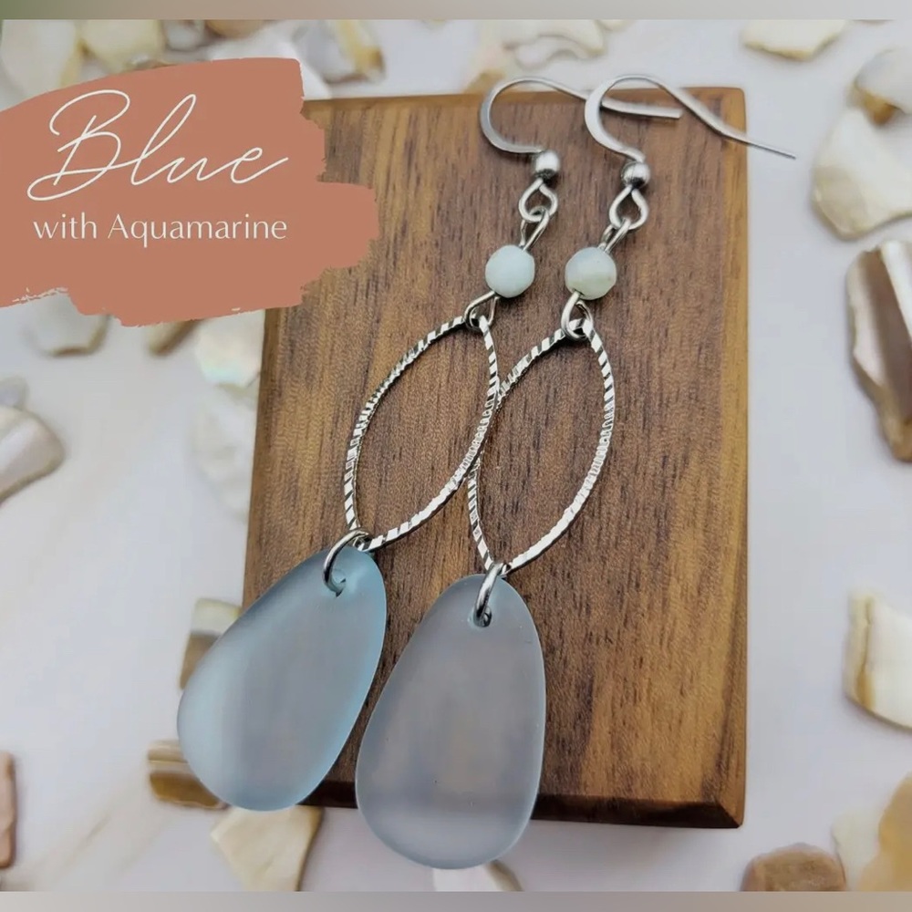 Blue Natural Sea Glass and Aquamarine Lightweight Earrings